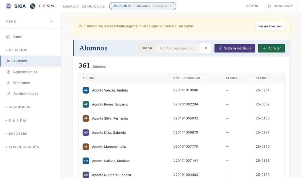 El listado de alumnos. Se busca palabra por palabra y sin acentos: «sofia» encuentra a Sofía.