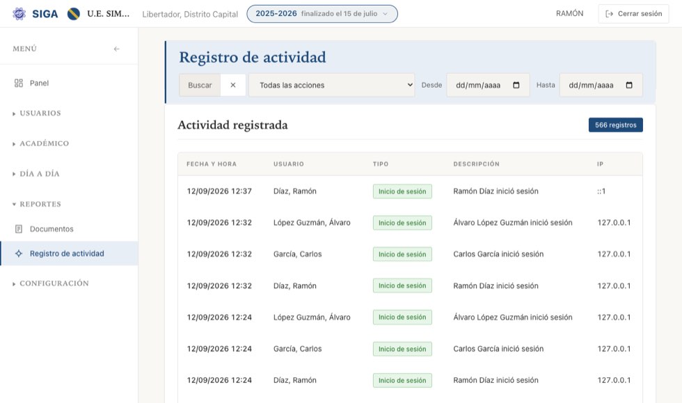 El registro de actividad, con filtro por tipo de acción y por rango de fechas.