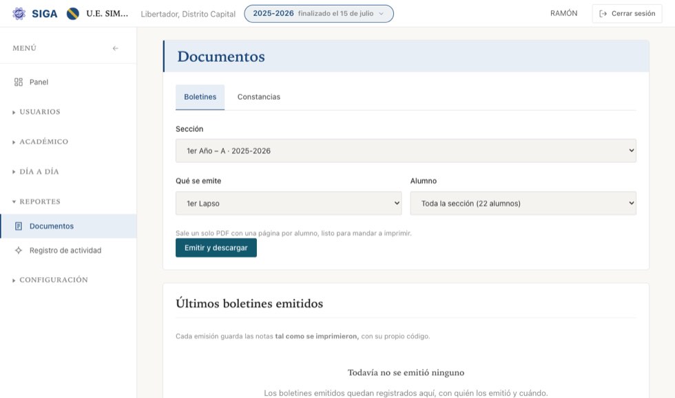 Emitir boletines: una sección, un lapso —o el año completo— y un alumno o todos.