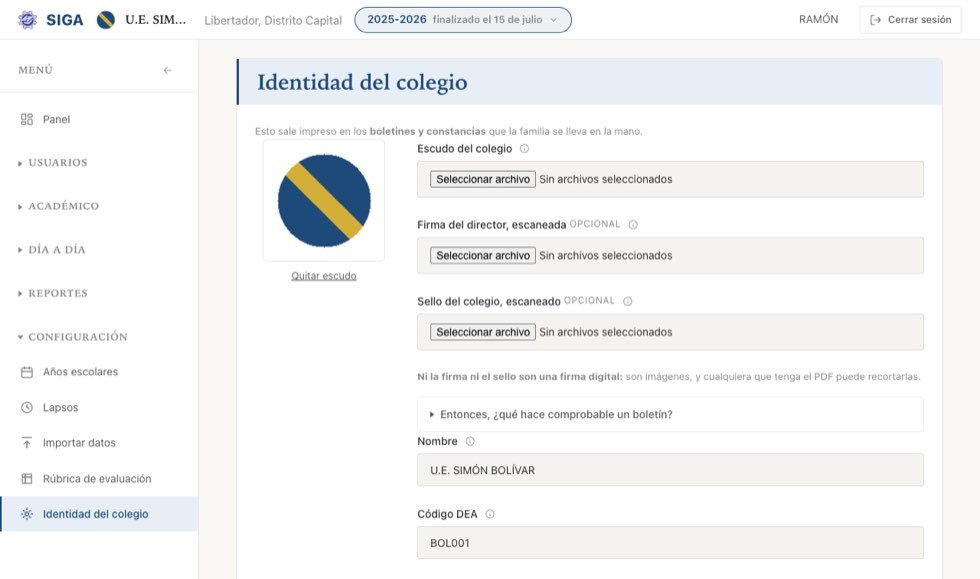 La identidad del colegio: los datos que van en el membrete de todos los papeles.