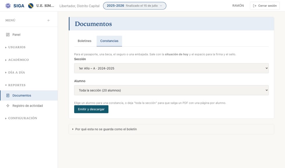 Constancia de estudios: sección, alumno —o toda la sección— y a descargar.