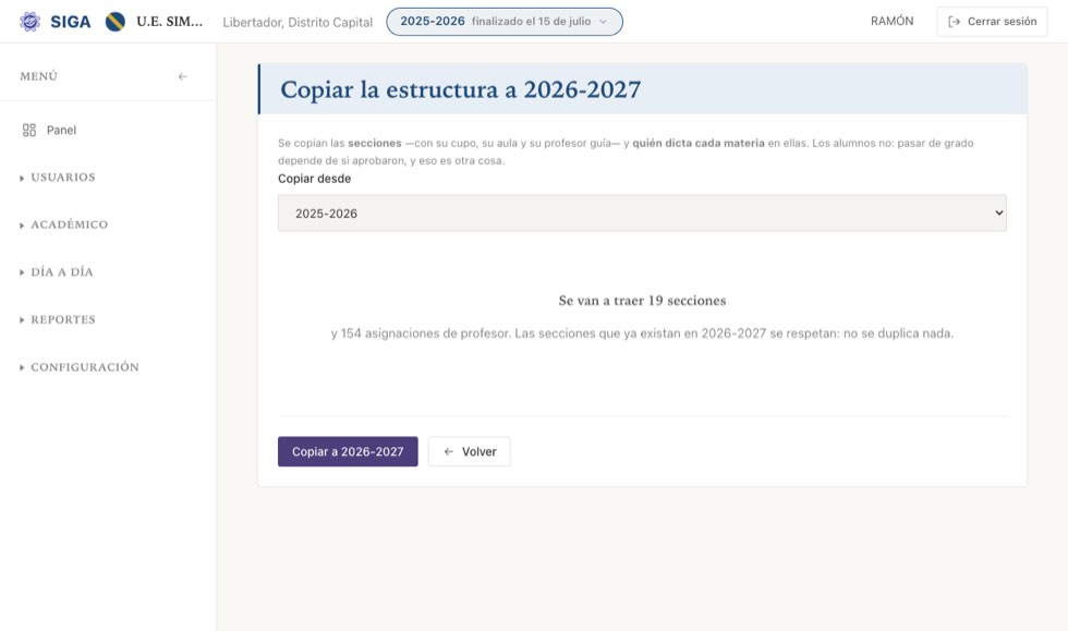 Antes de copiar, SIGA dice exactamente qué va a traer: «se van a traer 19 secciones y 154 asignaciones de profesor».