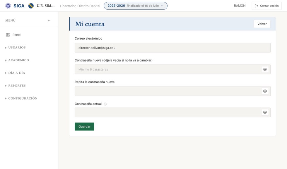 «Mi cuenta». El correo se muestra pero no se cambia desde aquí — es la llave con la que se entra.