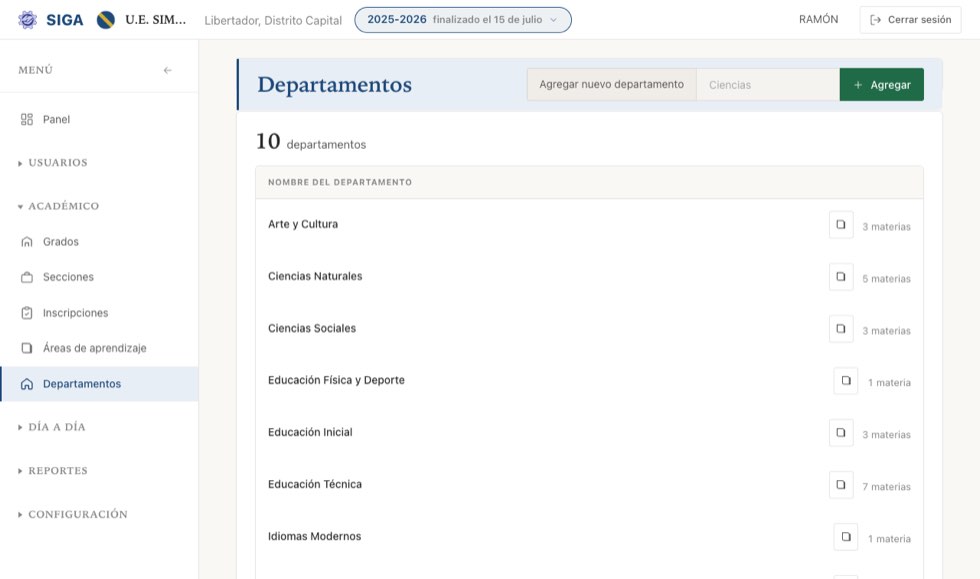 Los departamentos agrupan áreas. Son opcionales, pero ordenan el pensum cuando son muchas.