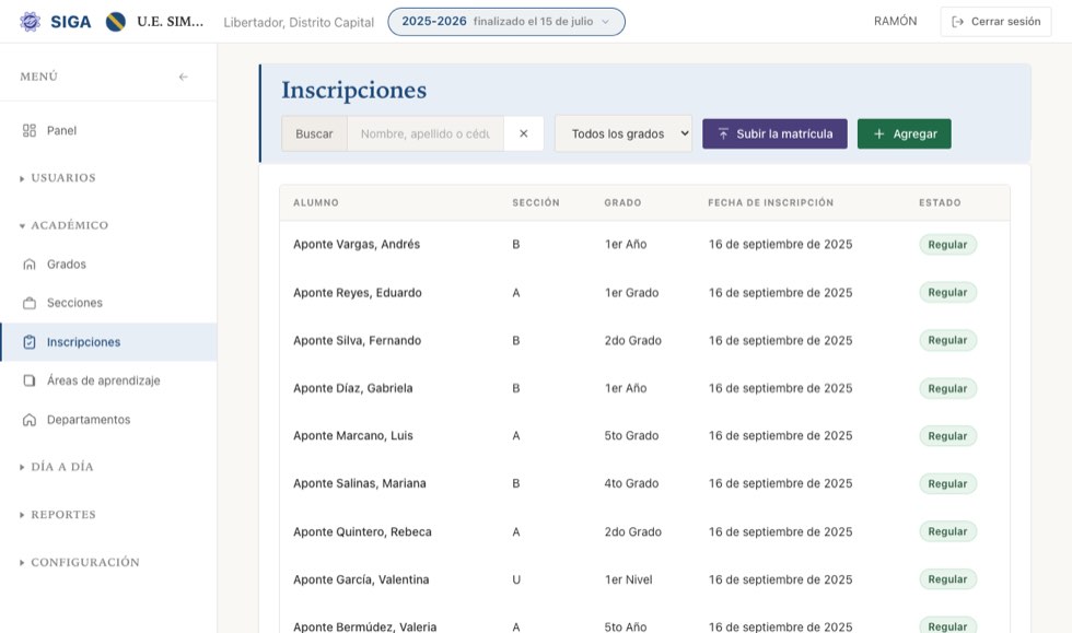 El listado de inscripciones del año, con su estado.