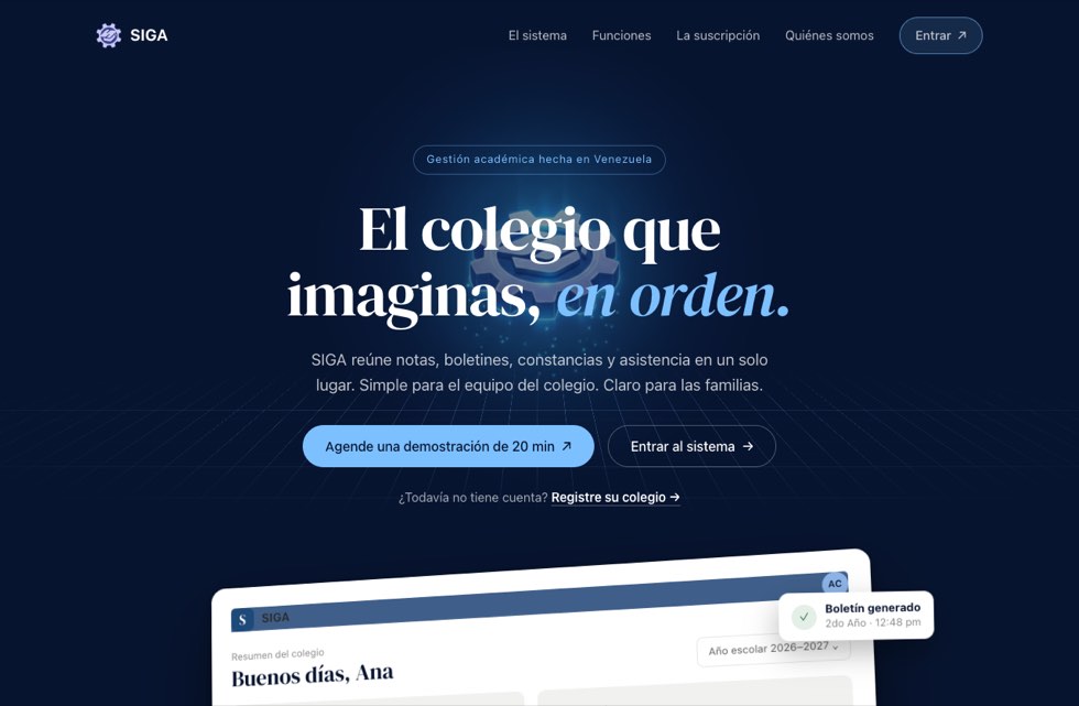 El sitio público de SIGA. Debajo de los dos botones está «Registre su colegio»: de ahí sale la cuenta.