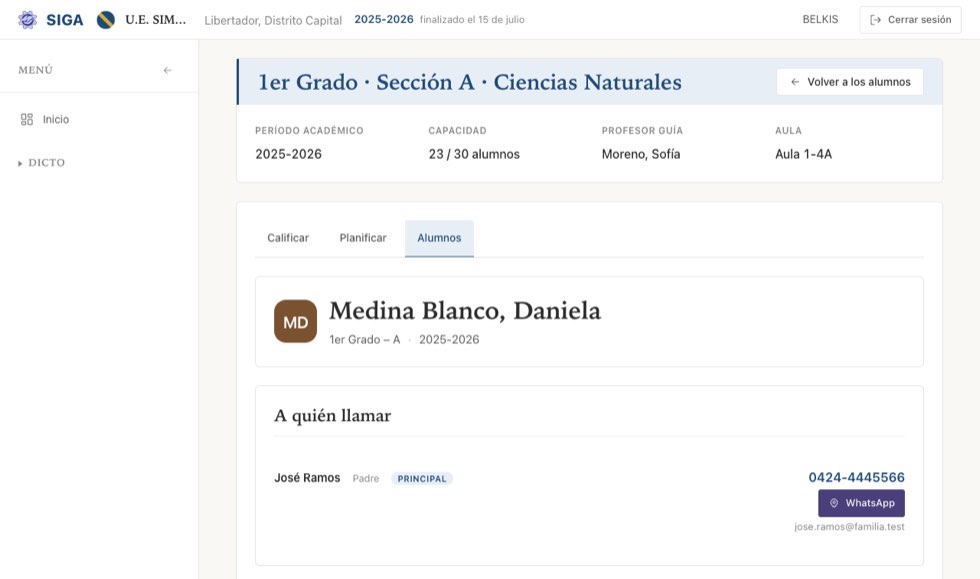 Lo que el profesor ve: a quién llamar, con el teléfono, WhatsApp y el correo del representante.