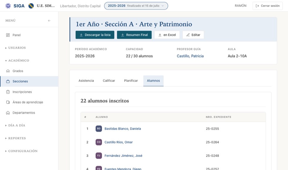 Una sección de bachillerato: además de la lista, el Resumen Final en PDF y en Excel.